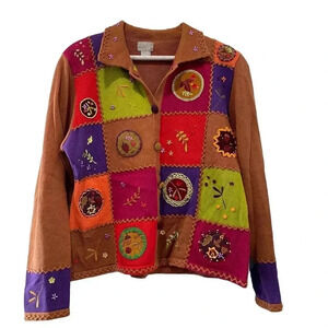 Vintage Berek Heavily Embroidered Fall Patchwork Windowpane Button Cardigan XL